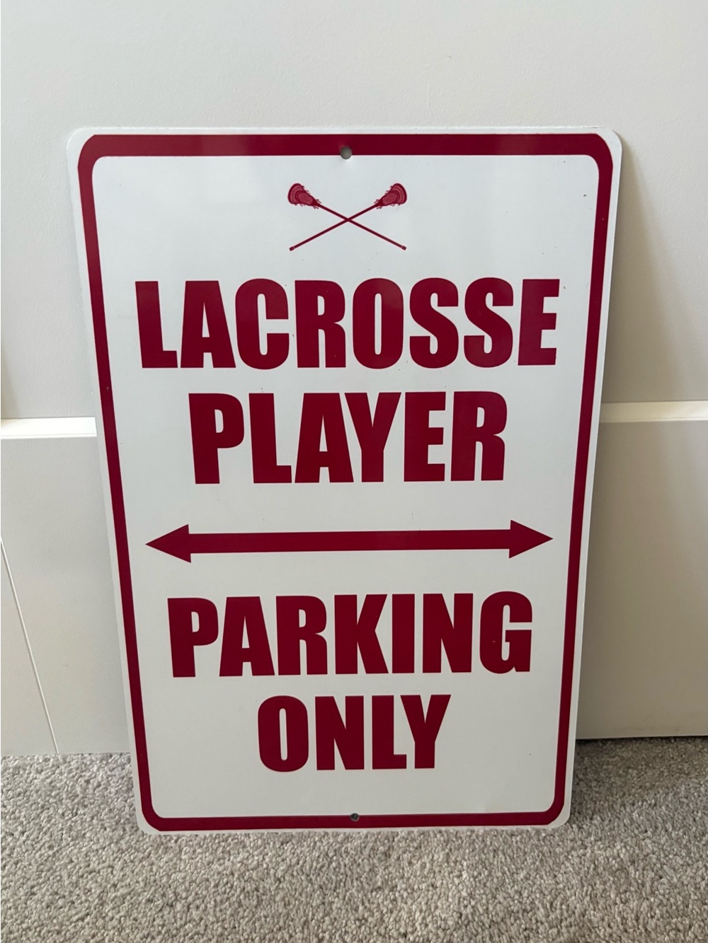 Lacrosse Player Parking Only Sign - White and Red - Fun Gift